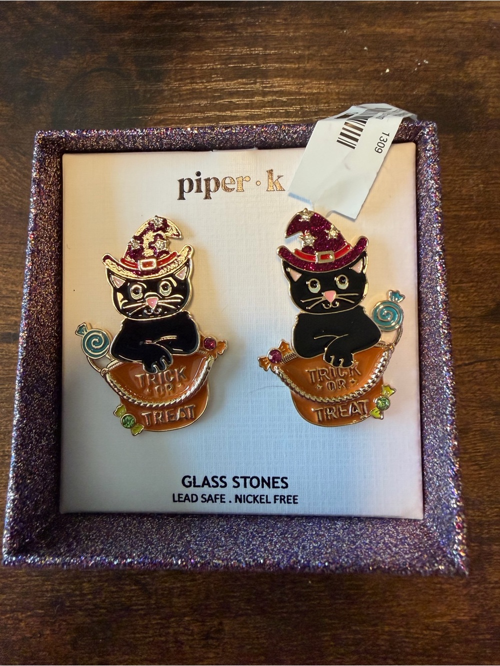 Piper Black Cat Trick or Treat Halloween Earrings . NWT